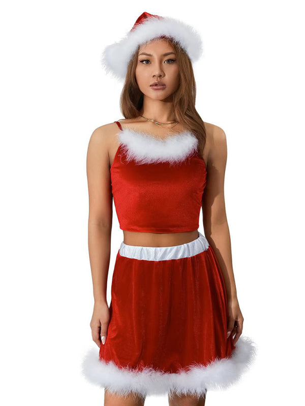 New off-shoulder Christmas red suspender feather Christmas skirt (including hat) - Red / S