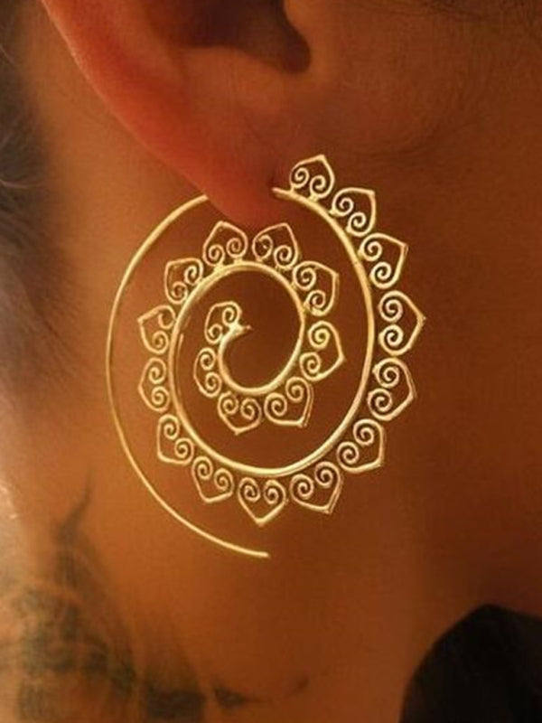 New Oval Spiral Earrings Exaggerated Swirl Gear Heart Shape Vintage Ear Jewelry - Golden / F