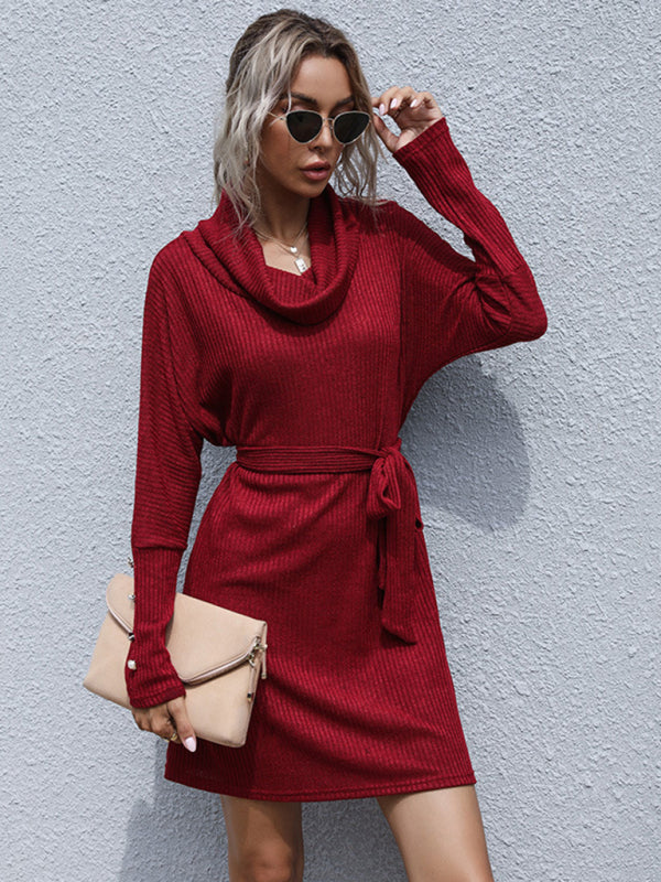 New pile collar solid color bottoming knitted sweater dress with long sleeves - Wine Red / S