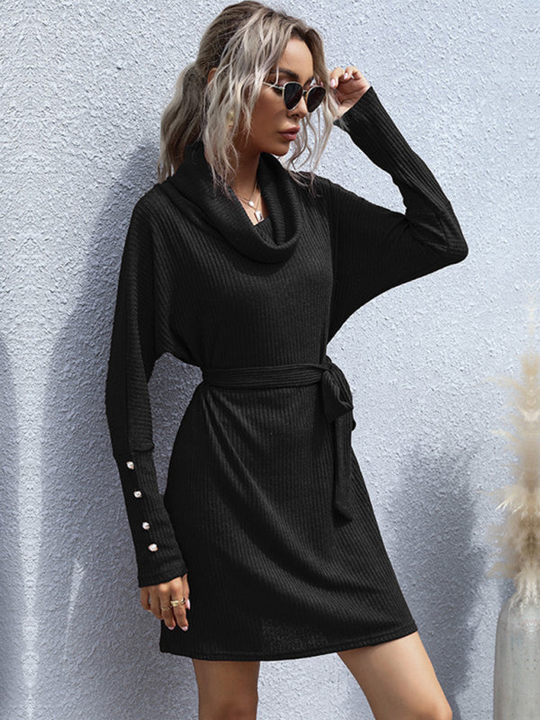New pile collar solid color bottoming knitted sweater dress with long sleeves - Black / S