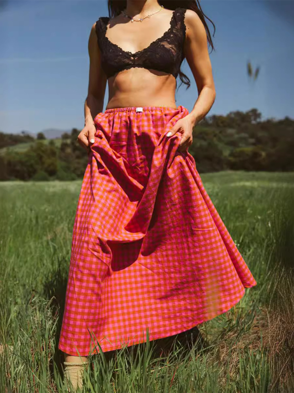 New plaid long skirt spring and summer fashion print personality skirt - Red / S