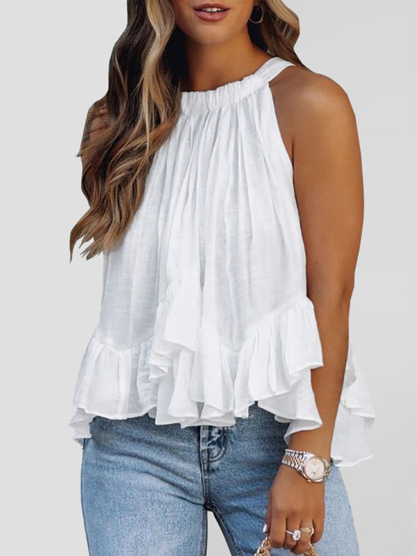 New print halter neck adjustable strappy vest - Raw white off white / S