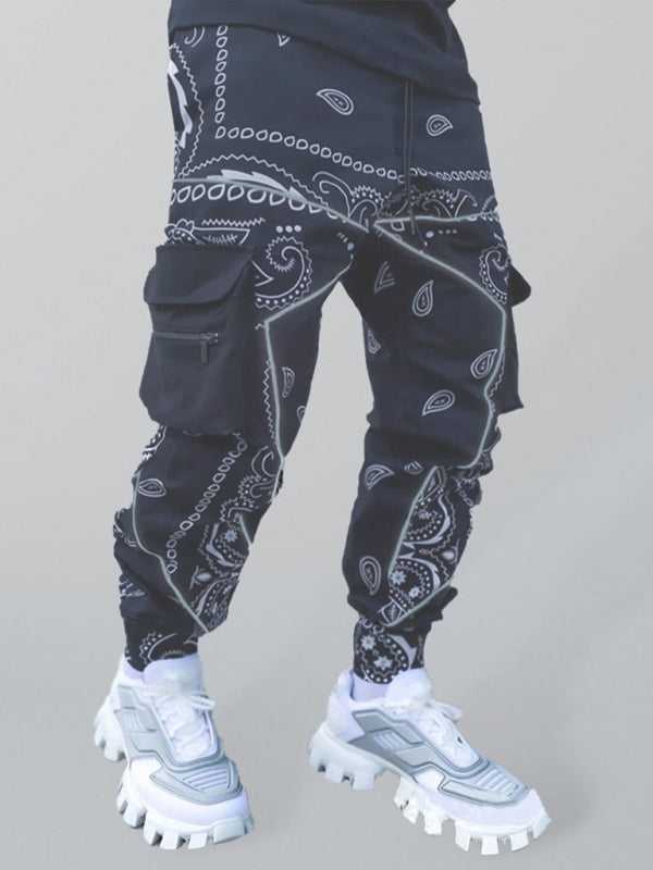 New printed cashew flower harem pants men’s loose high street multi-pocket overalls - Black / S