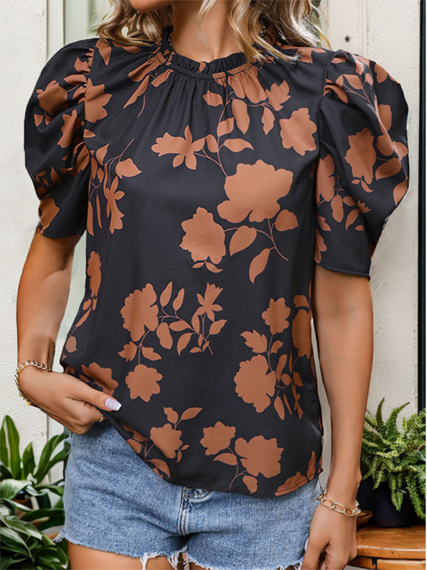 New printed round neck horseshoe sleeves and elegant shirt