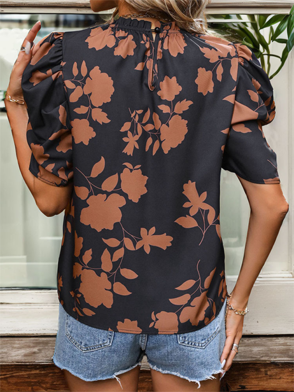 New printed round neck horseshoe sleeves and elegant shirt