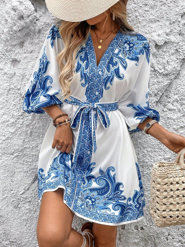 New Printed V-Neck Three-Quarter Sleeve Tie-Waist Dress - Blue / S