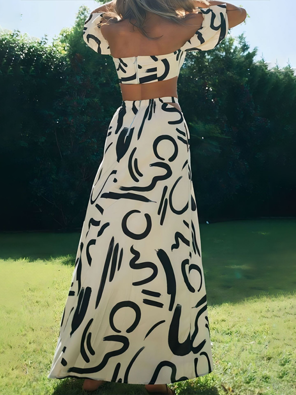 New puff sleeve top hollow long skirt split skirt suit