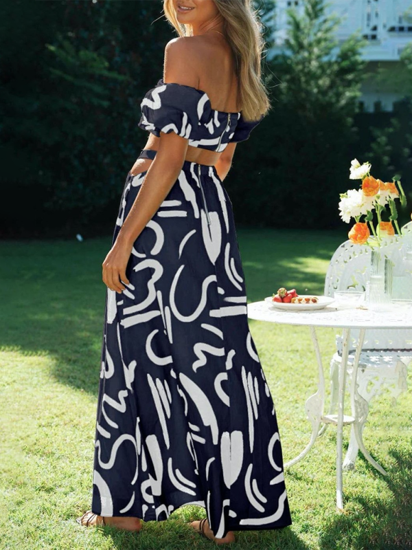 New puff sleeve top hollow long skirt split skirt suit