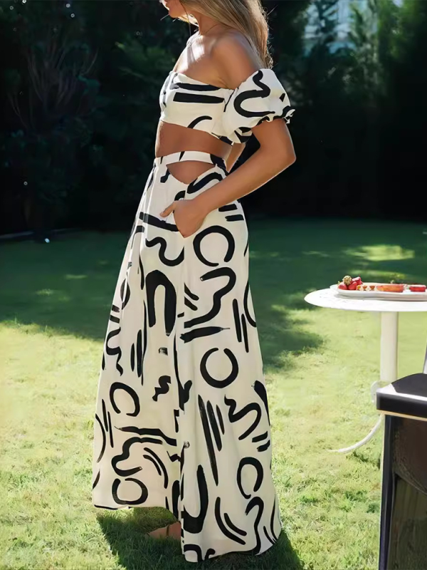 New puff sleeve top hollow long skirt split skirt suit