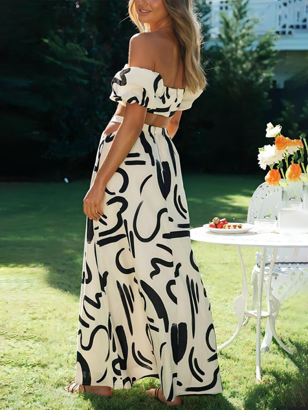 New puff sleeve top hollow long skirt split skirt suit