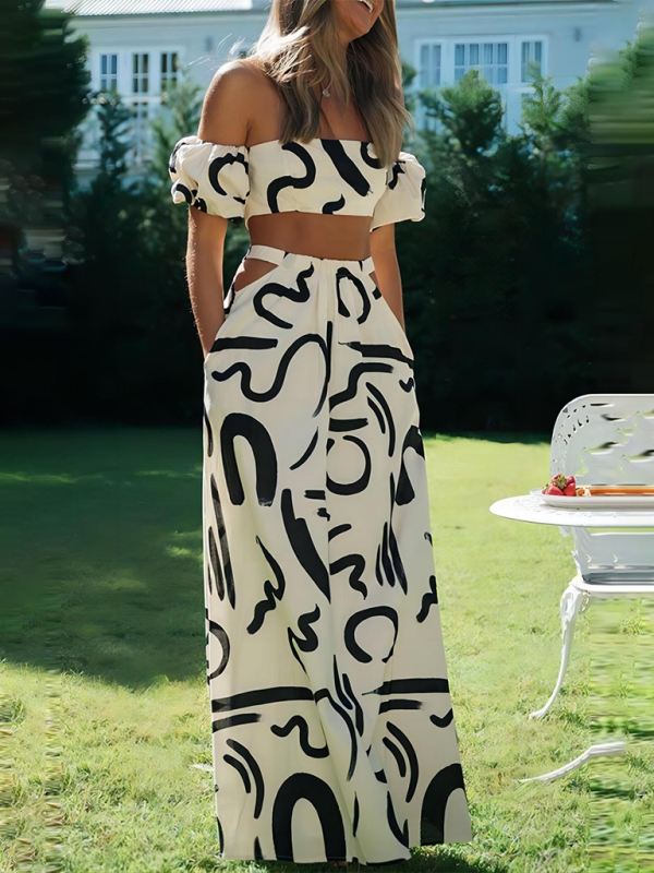 New puff sleeve top hollow long skirt split skirt suit