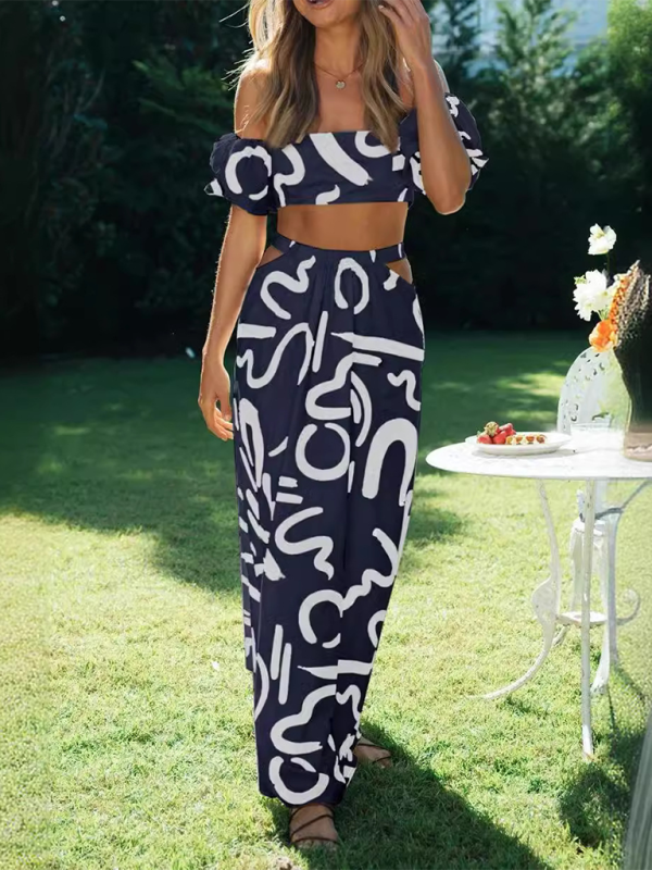 New puff sleeve top hollow long skirt split skirt suit