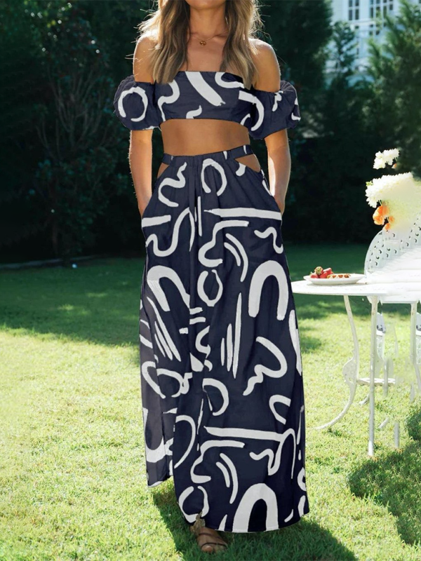 New puff sleeve top hollow long skirt split skirt suit - Champlain color / S