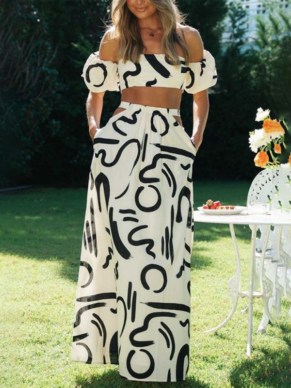 New puff sleeve top hollow long skirt split skirt suit - White / S