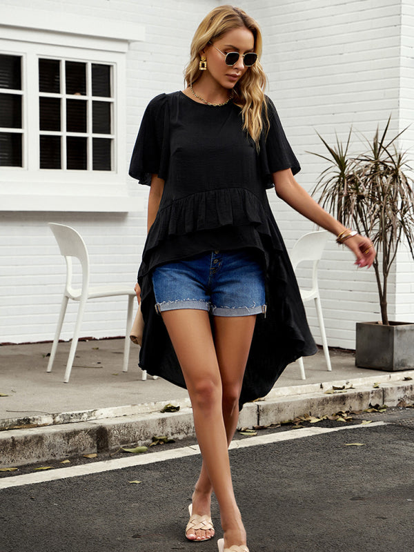 New quality elegant ruffled short-sleeved top - Black / S