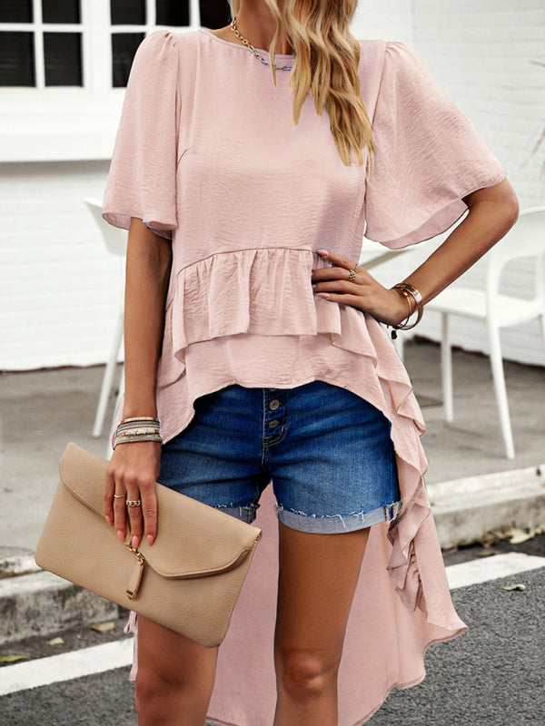 New quality elegant ruffled short-sleeved top - Pink / S