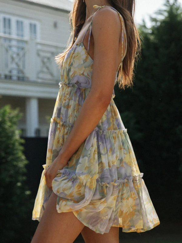 New resort style sexy printed suspender dress