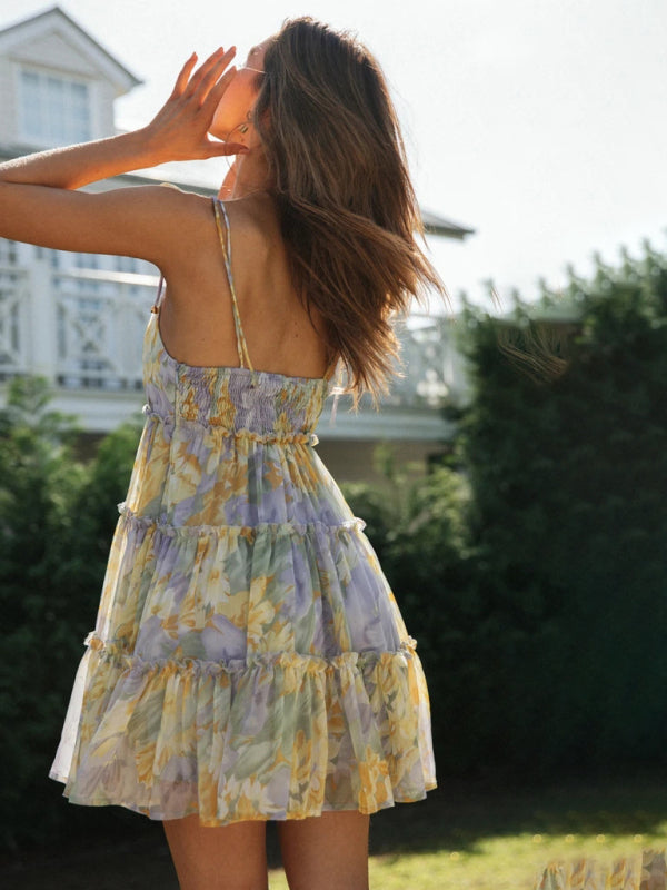 New resort style sexy printed suspender dress