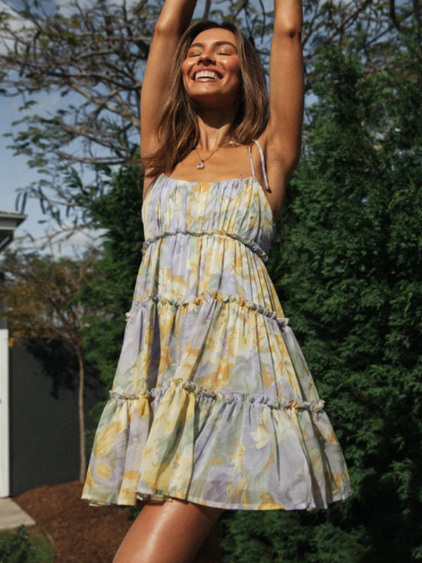 New resort style sexy printed suspender dress