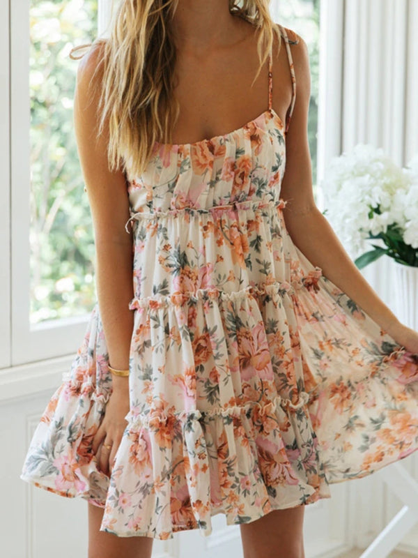 New resort style sexy printed suspender dress - GreenYellow / S