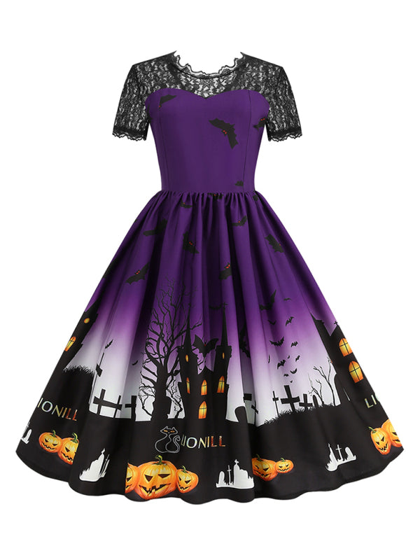 New retro lace round neck short-sleeved printed wide skirt dress - Purple / S