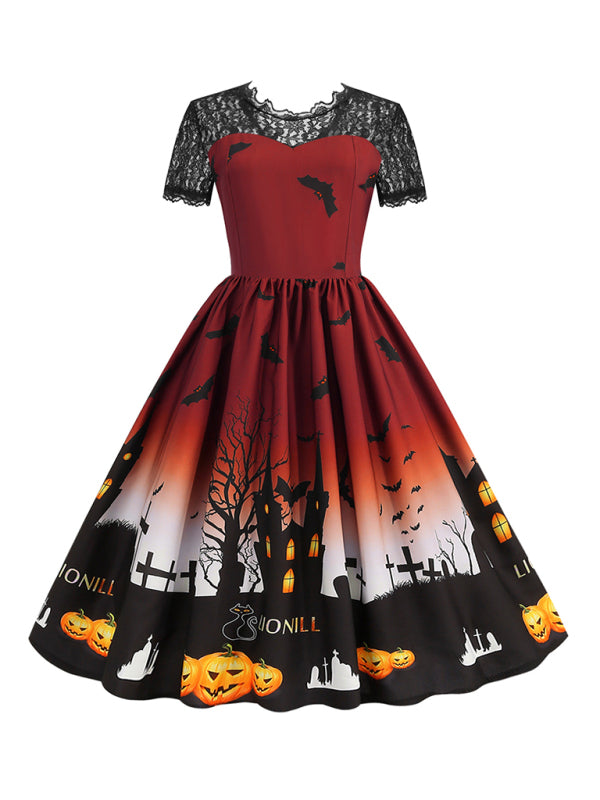 New retro lace round neck short-sleeved printed wide skirt dress - Red / S