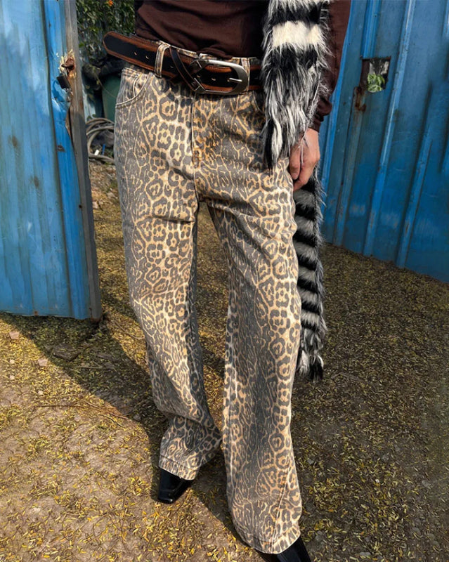 New retro leopard print street straight wide leg loose denim trousers - Leopard / S