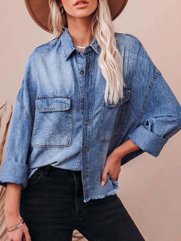 New Retro Loose Denim Shirt Drop Shoulder Blue Large Pocket Shirt - Blue / S