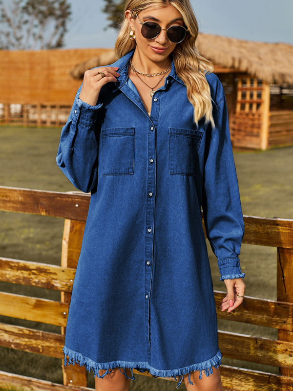 New Retro Washed Denim Loose Casual Long Sleeve Raw Edge Dress - Purplish blue navy / S
