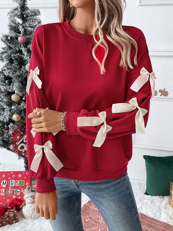 New Round Neck Bow Red Christmas Sweater - Red / S