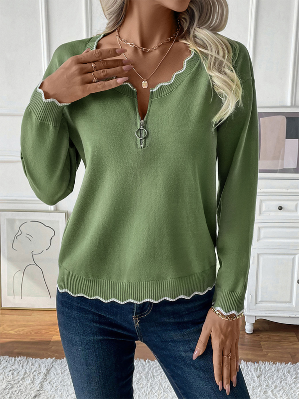 New round neck casual pullover sweater zipper contrast color edge knitted sweater - Green / S