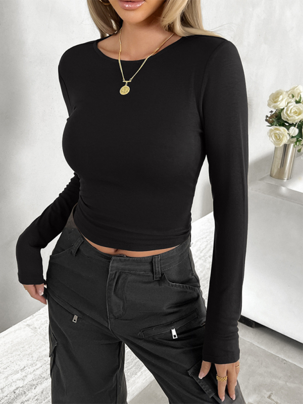 New round neck solid color slim long sleeve top - Black / S