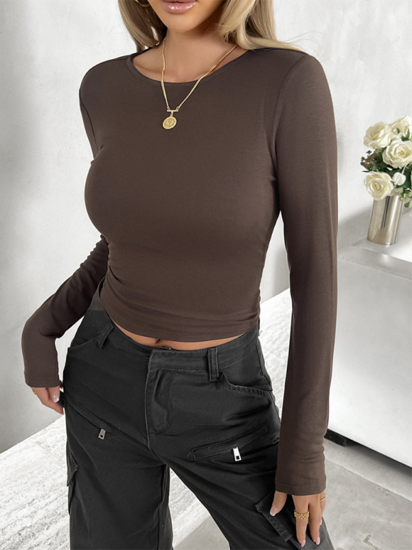 New round neck solid color slim long sleeve top - Brown / S