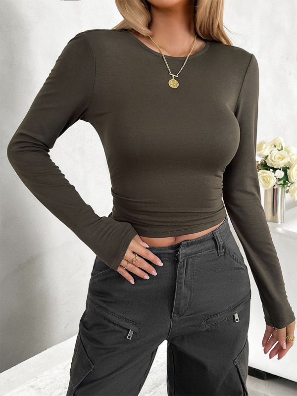 New round neck solid color slim long sleeve top - Olive green / S