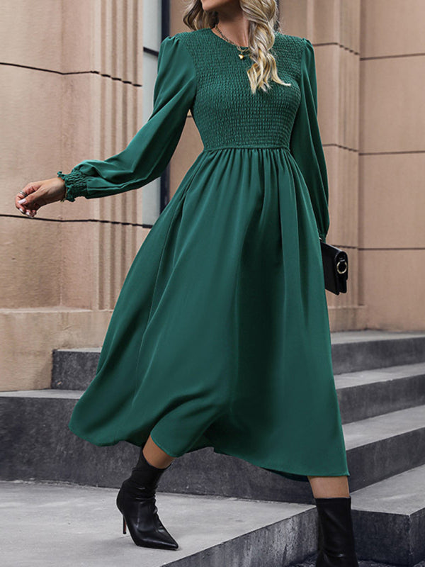 New round neck women’s high-end solid color dress - Green black jasper / S