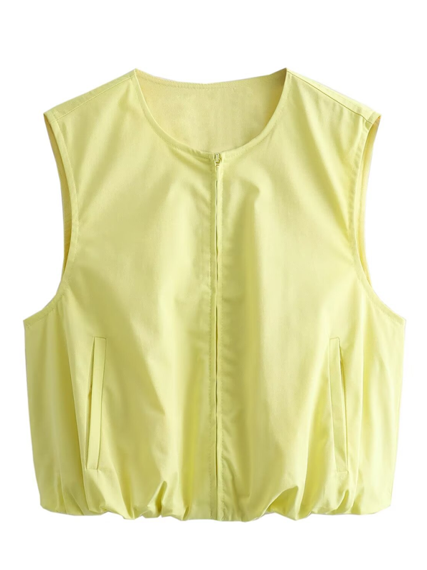 New round neck zipper pocket balloon short vest / pleated skirt - Top / XS