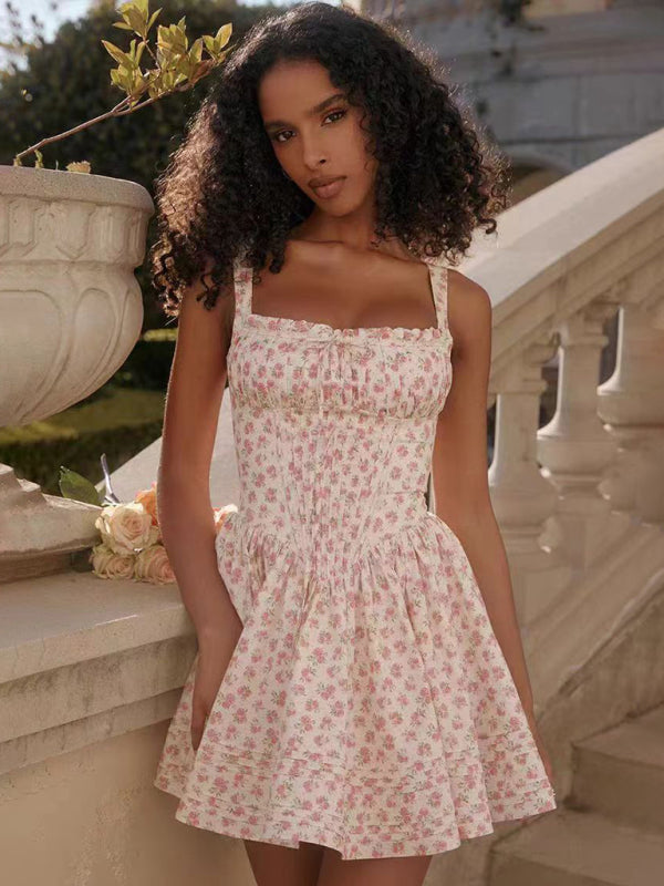 New sexy and elegant floral print suspender waist dress - Pattern2 / S