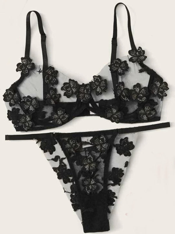 New sexy and sweet mesh embroidered flower appliqué bra set - Black / S