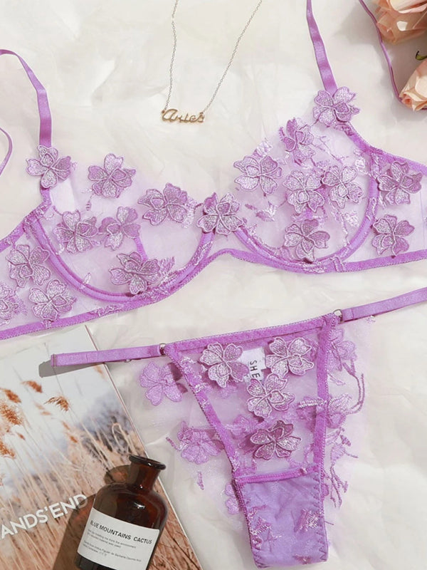 New sexy and sweet mesh embroidered flower appliqué bra set - Purple / S