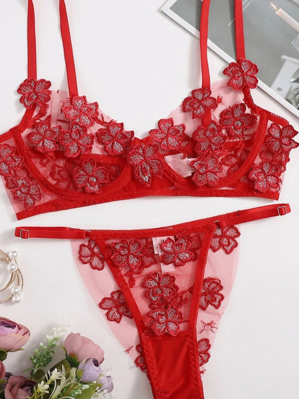 New sexy and sweet mesh embroidered flower appliqué bra set - Red / S