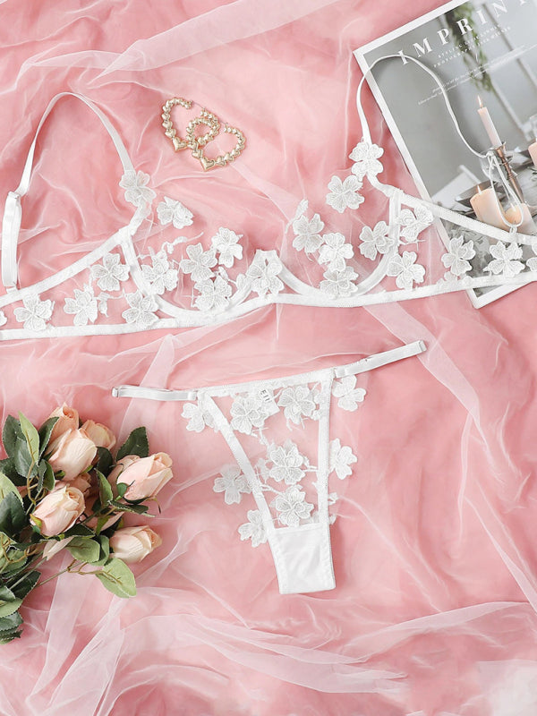 New sexy and sweet mesh embroidered flower appliqué bra set - White / S