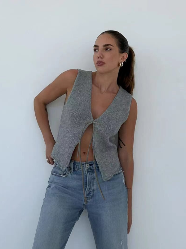 Gray knit tie-front vest showcasing intricate weaving type from New sexy fashionable and comfortable rope woolen vest