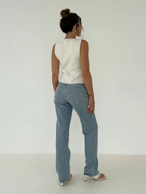 Woman wearing a sleeveless top and jeans showcasing the new sexy fashionable and comfortable rope woolen vest, highlighting weaving type