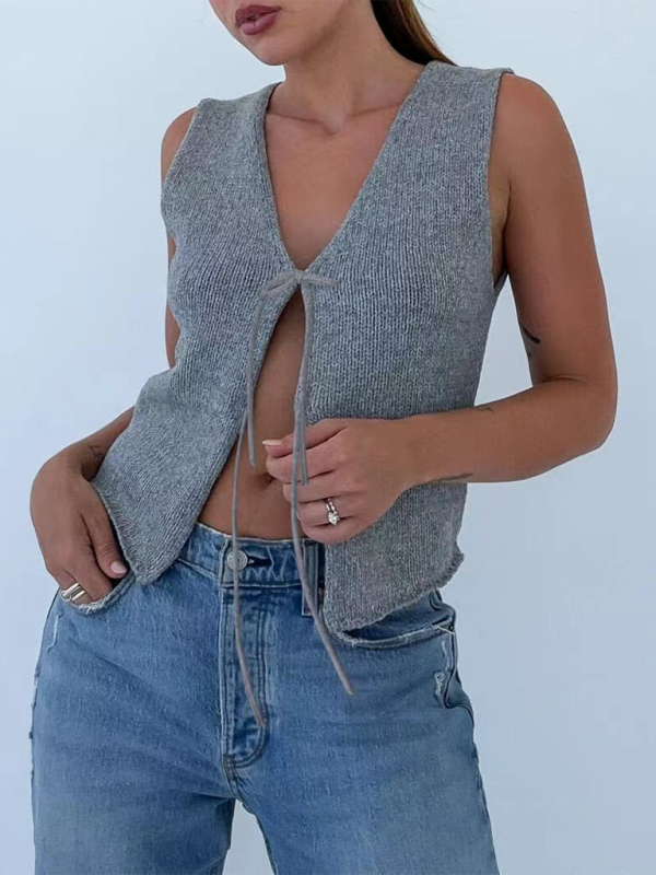 Gray knit tie-front vest showcasing premium weaving type for fashionable comfort