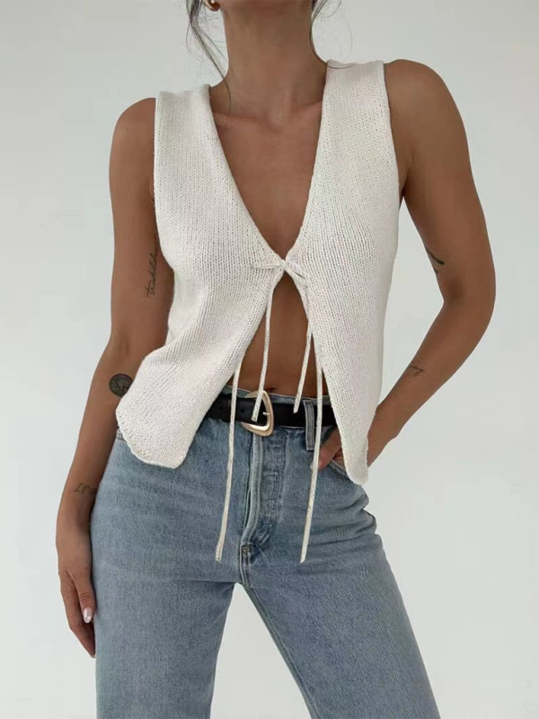 White knit tie-front top showcasing fine weaving type in the New Sexy Fashionable and Comfortable Rope Woolen Vest collection