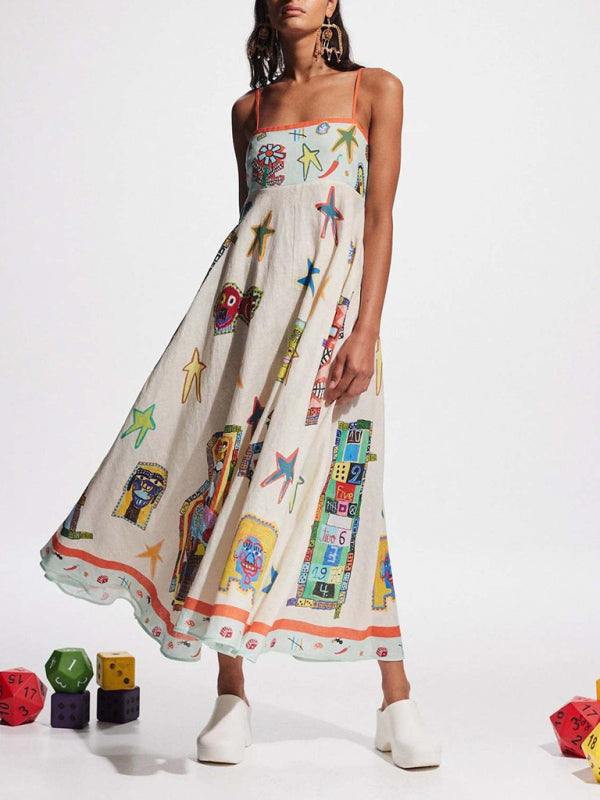 New sexy graffiti print camisole swing dress - White / S