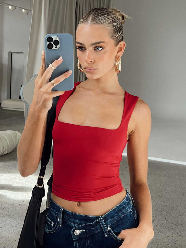 New Sexy Hot Girl Square Neck Slim Fit Sleeveless Vest - Red / XS