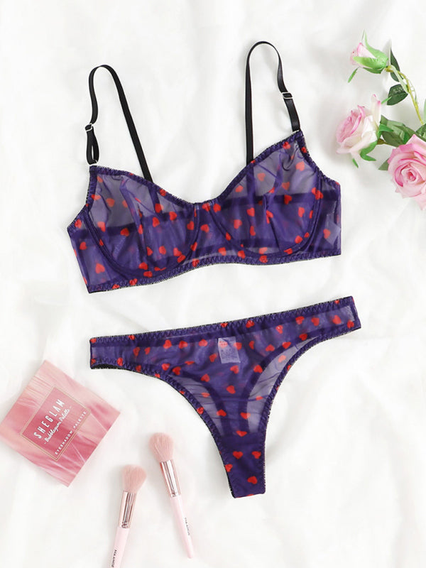 New sexy love mesh sexy underwear set - Purple / XL