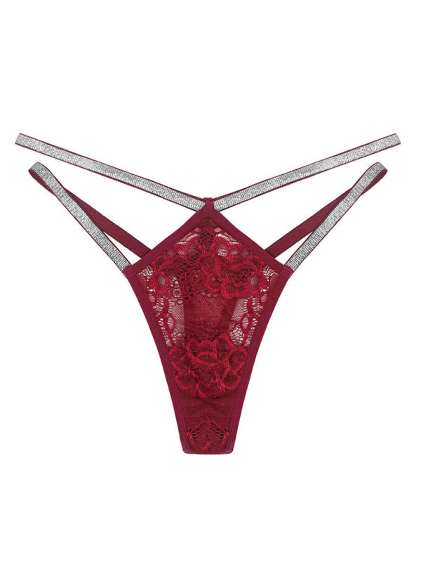 New sexy low-waist lace women’s underwear breathable mesh hollow straps seamless thong - Wine Red / XS