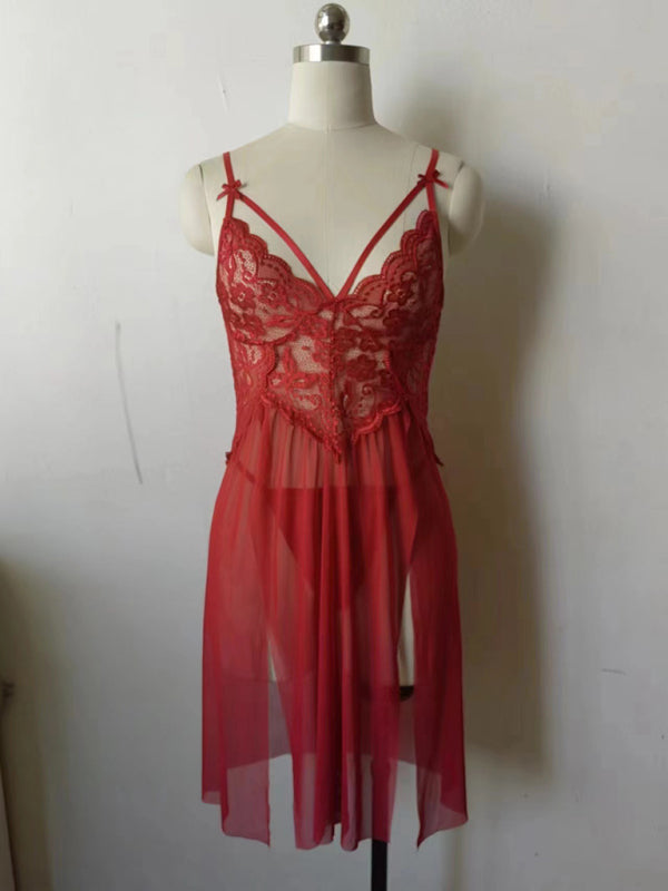 New sexy mesh see-through lace embroidered suspender nightgown slit long skirt suit - Wine Red / S